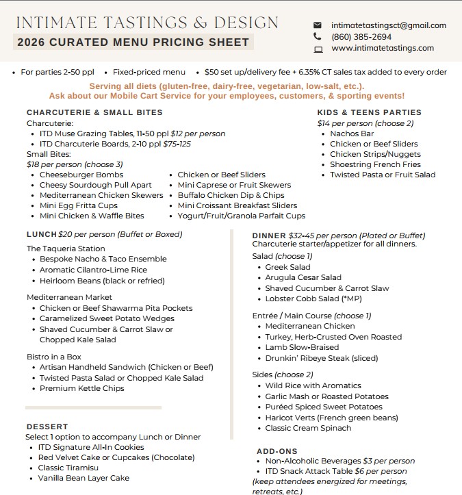 Intimate Tastings Pop-Up Menu