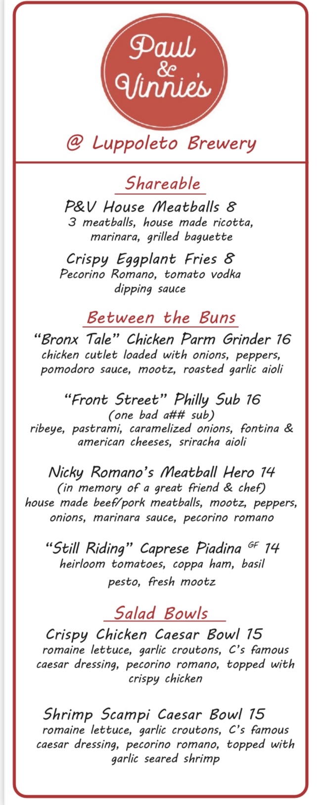 Paul & Vinnie's Menu